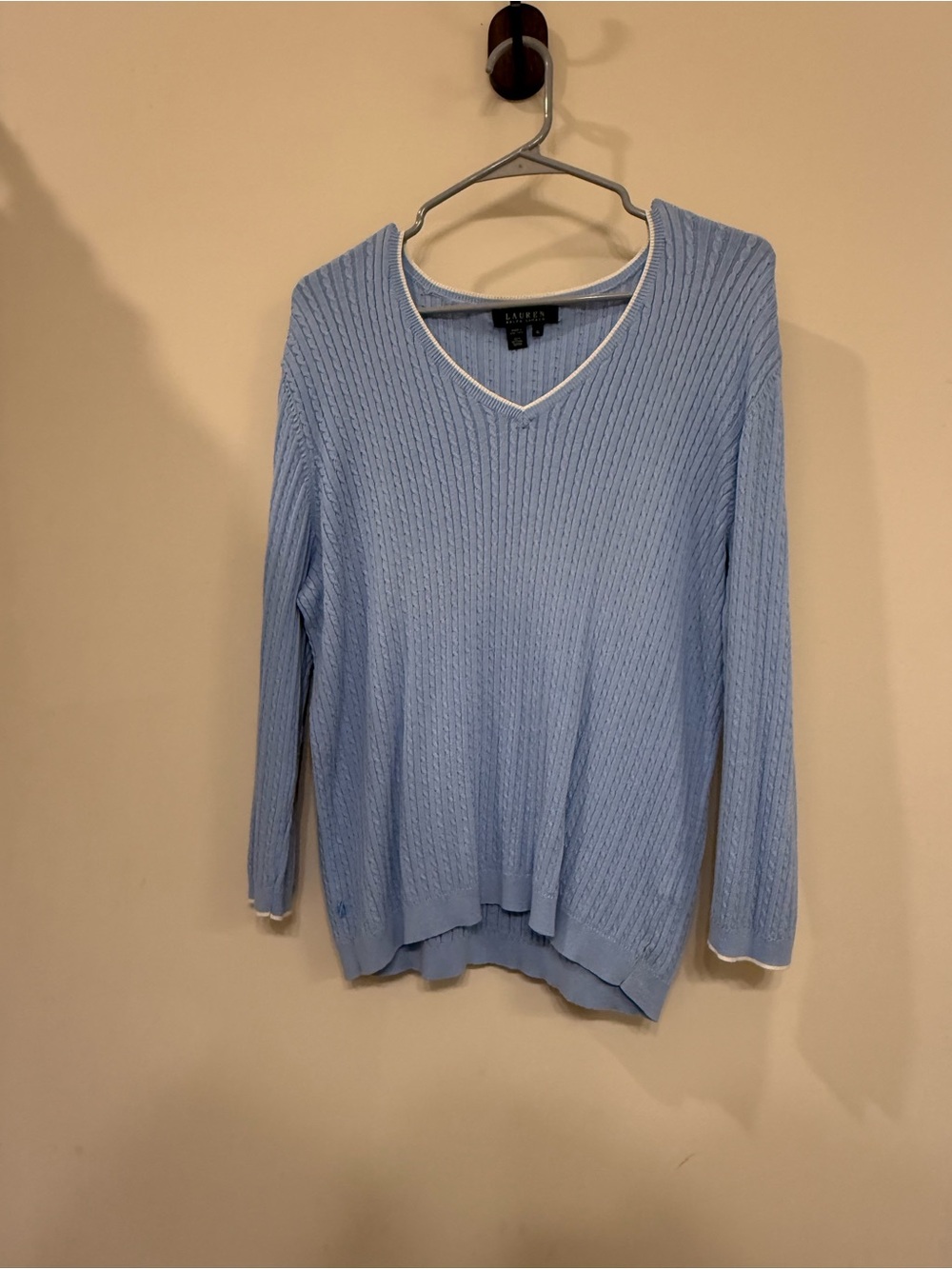 Lauren Ralph Lauren Baby Blue V-Neck Cable Knit Sweater with White Trim